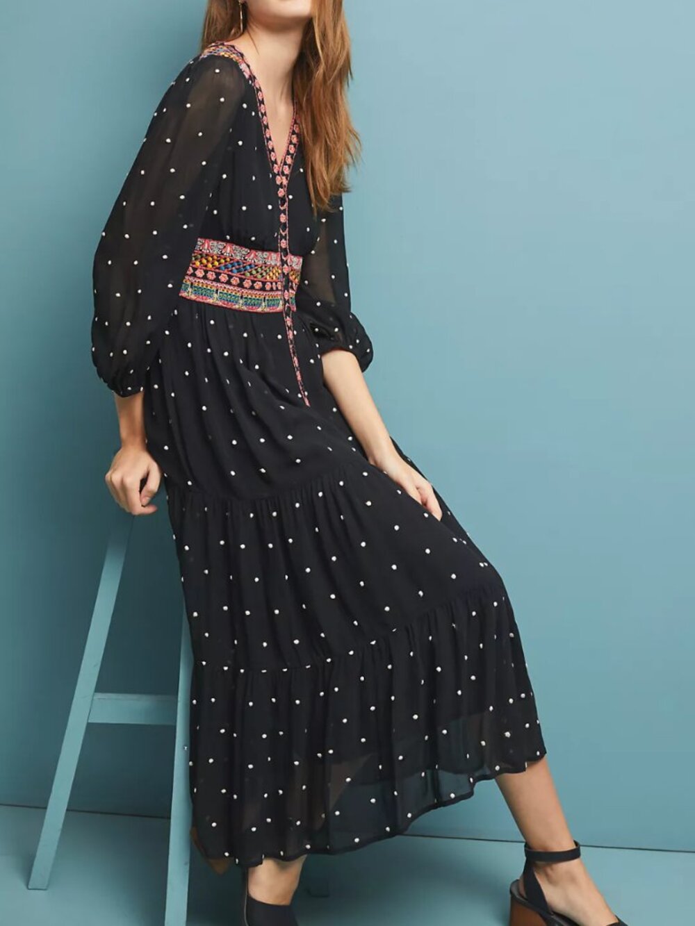 Anthropologie La Boheme Dress Black Embroidered Polka Dot Midi XS 4